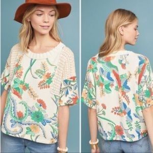 Anthropologie Fabiola Floral Crochet Overlay Short Sleeve Knit Sweater